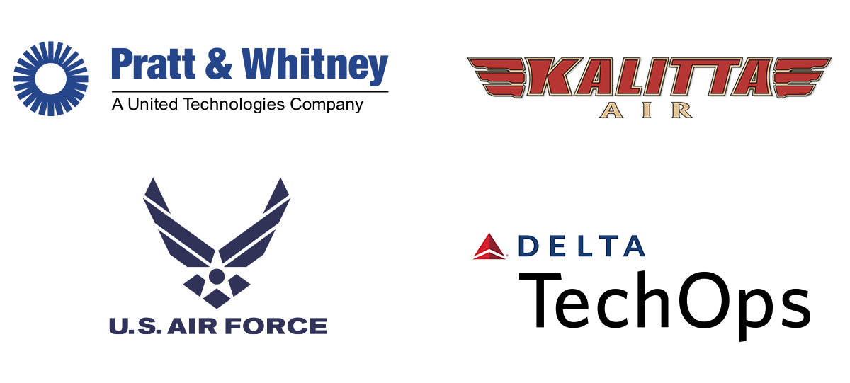 Wet Tech clients Pratt & Whitney, Kalitta Air, US Air Force, and Delta Tech Ops logos